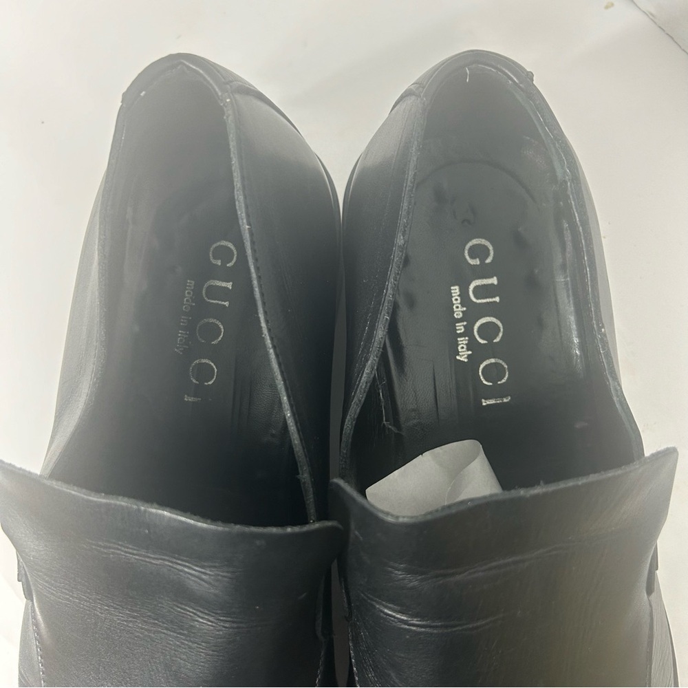 Authentic GUCCI Men’s Leather Loafers Black Luxury Silver Logo 10.5E/44.5 - Picture 3 of 8